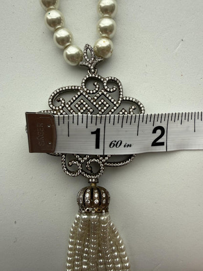 Vintage Faux Pearl Strand Necklace Celtic Knot Pendant Pearl Tassel Drop