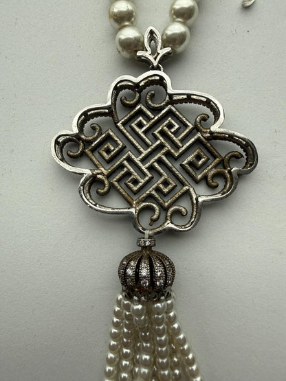 Vintage Faux Pearl Strand Necklace Celtic Knot Pendant Pearl Tassel Drop