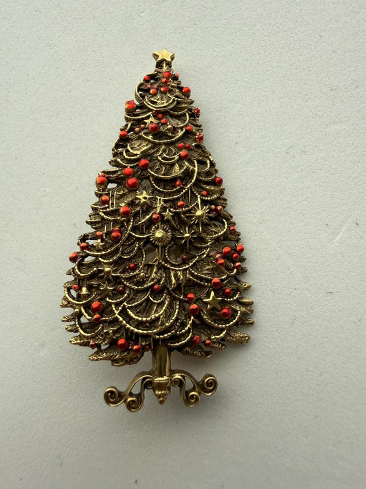MCM Vintage PEM Christmas Tree Brooch Gold Tone Red Balls Holiday Pin