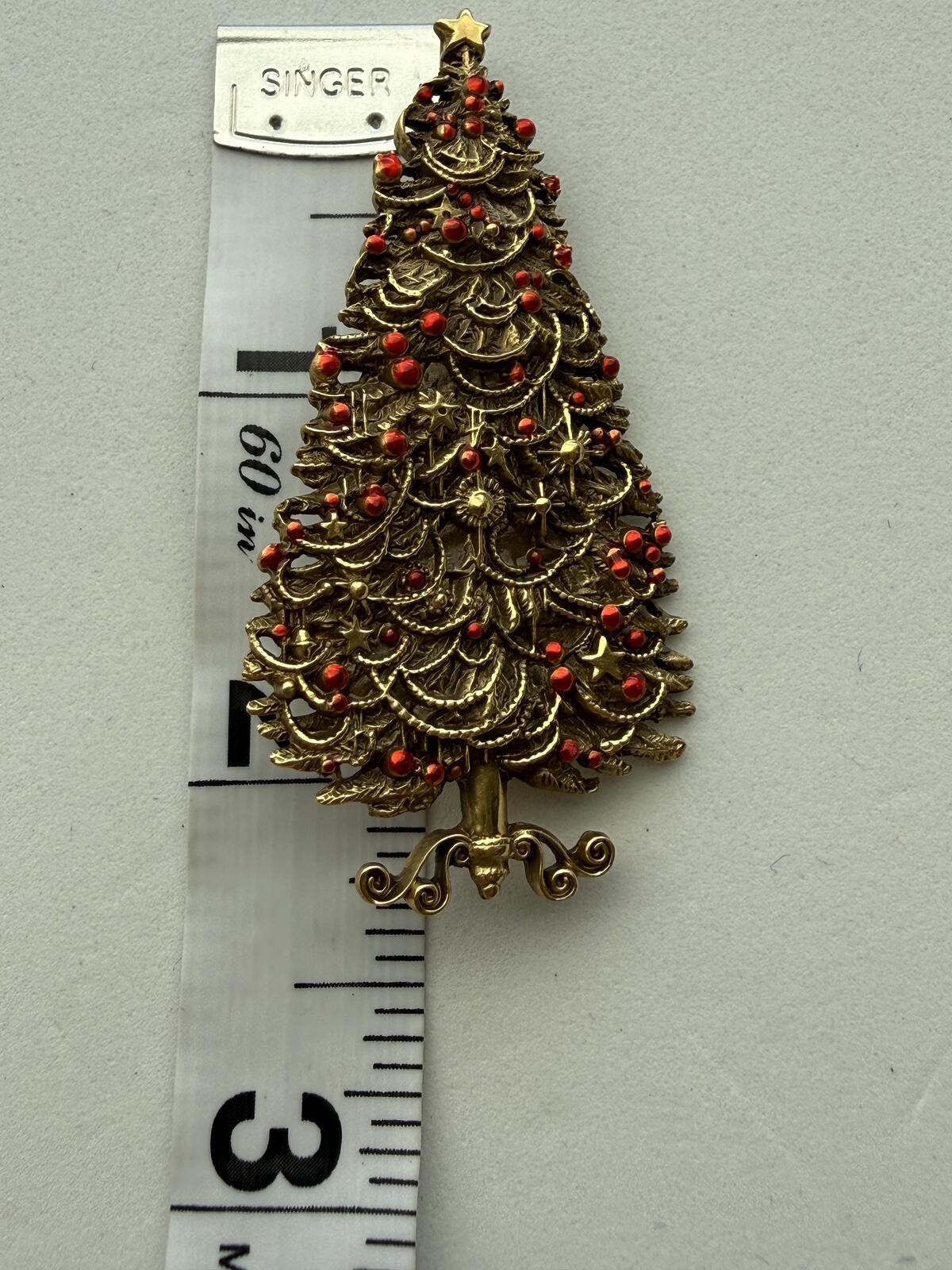MCM Vintage PEM Christmas Tree Brooch Gold Tone Red Balls Holiday Pin