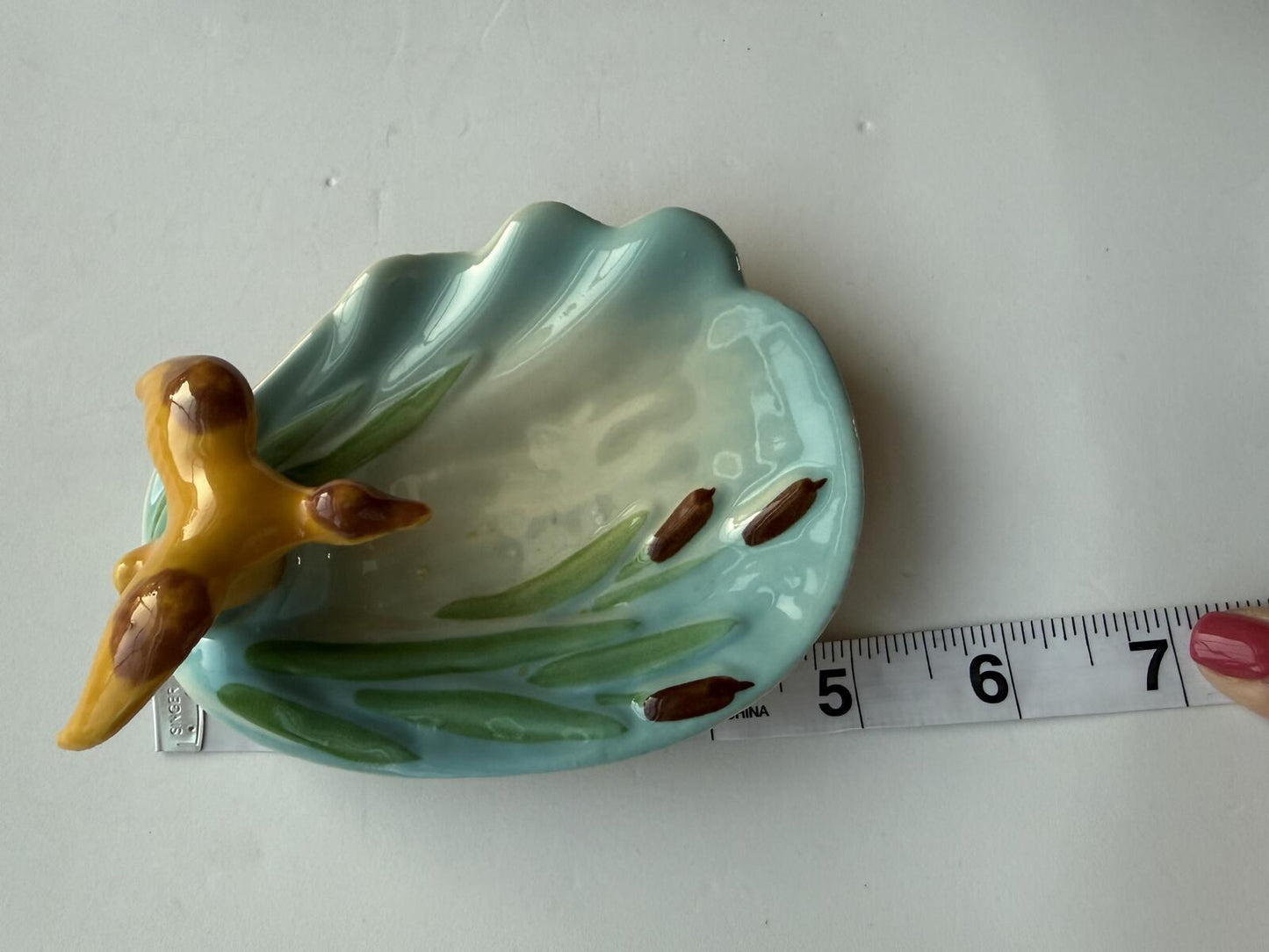 Mid Century Modern Ceramic Duck Pond with Cattails Trinket Dish