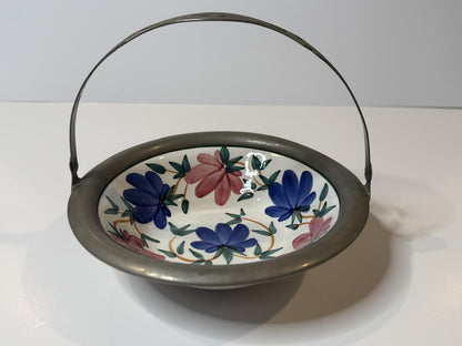 Vintage JBW Bavaria Germany Hand Painted Floral Basket Bowl Pewter Handle