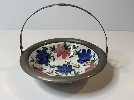 Vintage JBW Bavaria Germany Hand Painted Floral Basket Bowl Pewter Handle