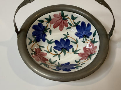 Vintage JBW Bavaria Germany Hand Painted Floral Basket Bowl Pewter Handle