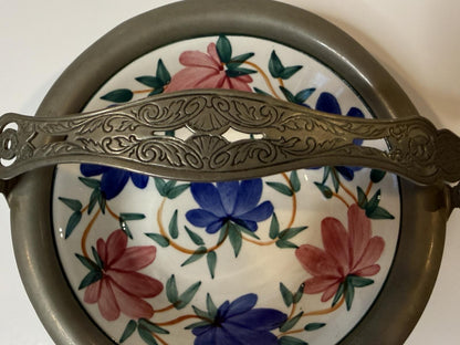 Vintage JBW Bavaria Germany Hand Painted Floral Basket Bowl Pewter Handle