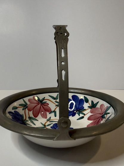 Vintage JBW Bavaria Germany Hand Painted Floral Basket Bowl Pewter Handle