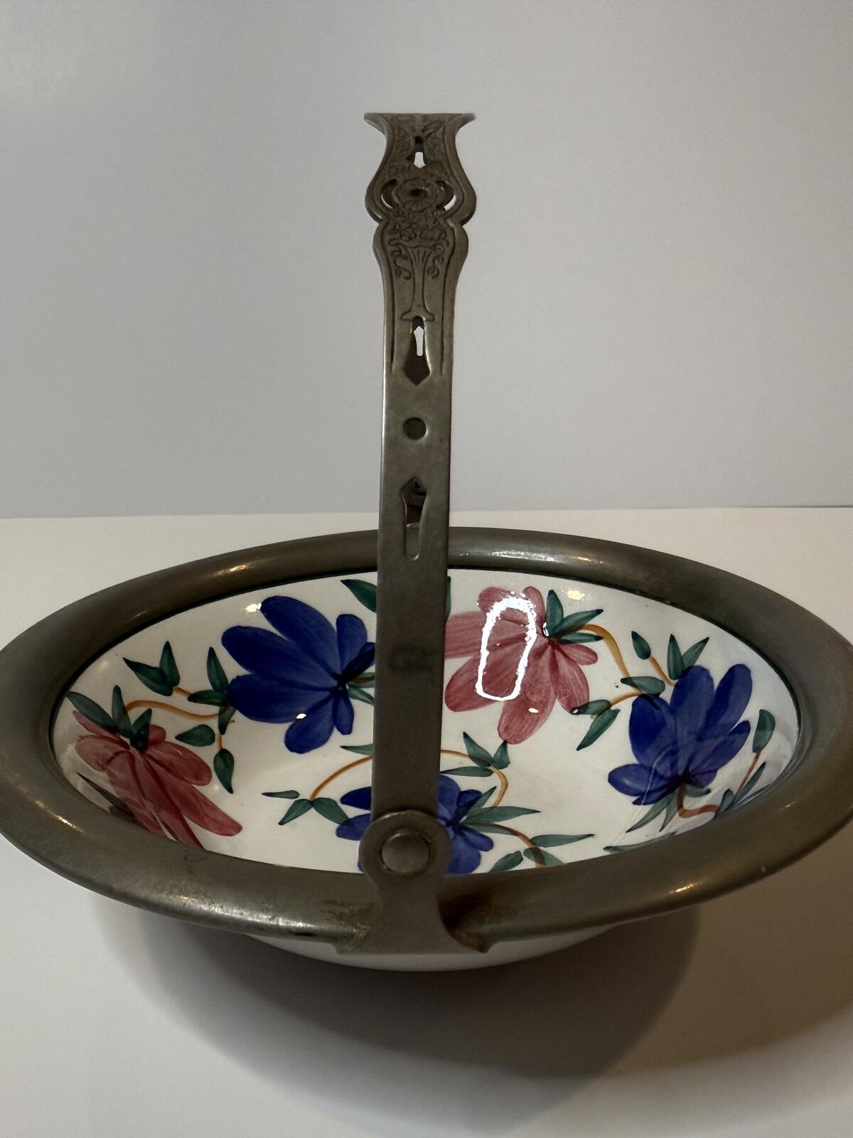 Vintage JBW Bavaria Germany Hand Painted Floral Basket Bowl Pewter Handle