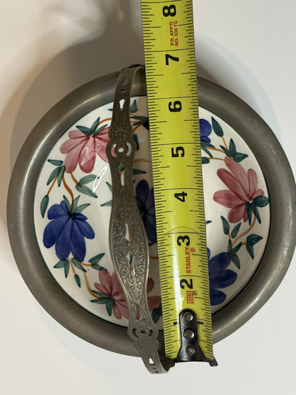 Vintage JBW Bavaria Germany Hand Painted Floral Basket Bowl Pewter Handle