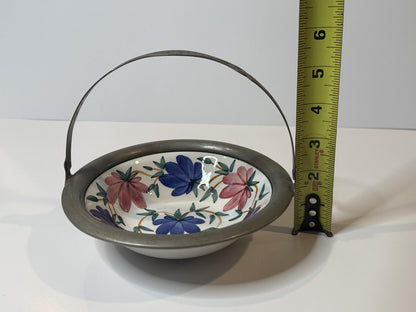 Vintage JBW Bavaria Germany Hand Painted Floral Basket Bowl Pewter Handle
