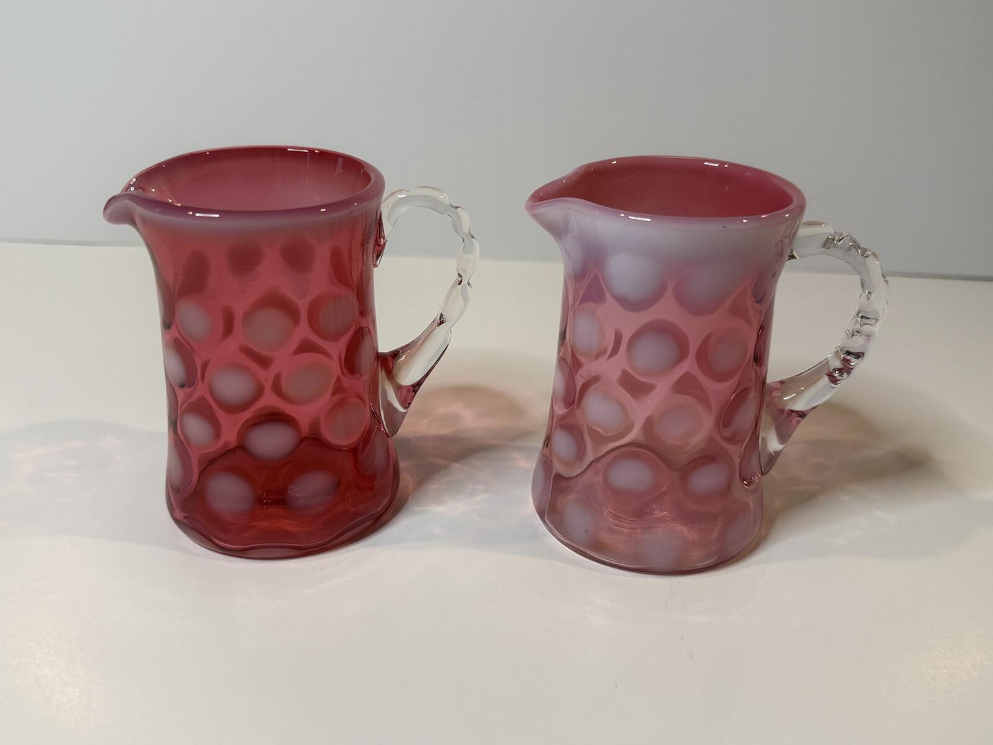 Vintage Fenton Cranberry Opalescent Coin Dot Glass Creamer Pitchers Pair