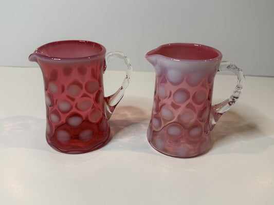 Vintage Fenton Cranberry Opalescent Coin Dot Glass Creamer Pitchers Pair