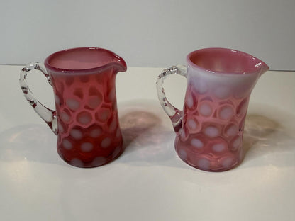 Vintage Fenton Cranberry Opalescent Coin Dot Glass Creamer Pitchers Pair