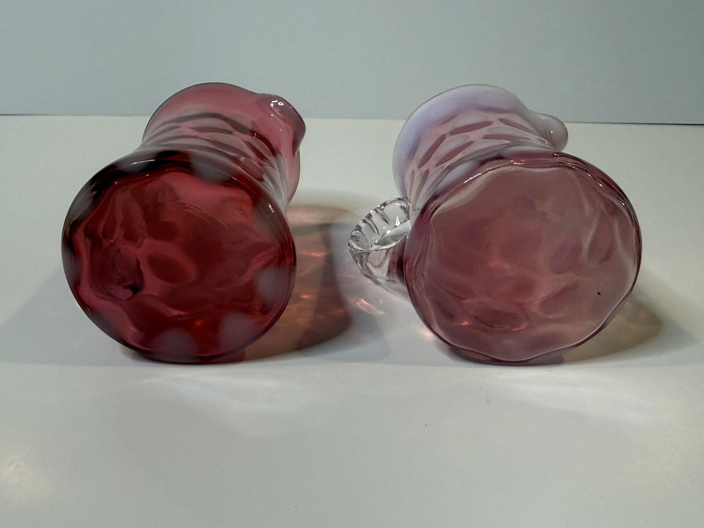 Vintage Fenton Cranberry Opalescent Coin Dot Glass Creamer Pitchers Pair