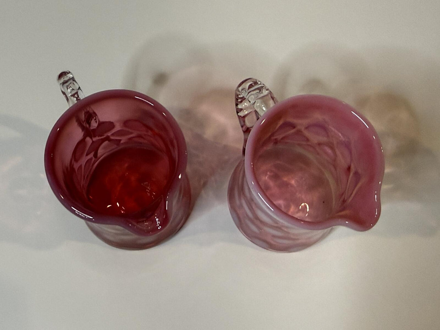 Vintage Fenton Cranberry Opalescent Coin Dot Glass Creamer Pitchers Pair