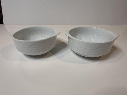 Oneida by Noritake White Porcelain Handled Soup Bowls Set of 2 Ribbed Pattern