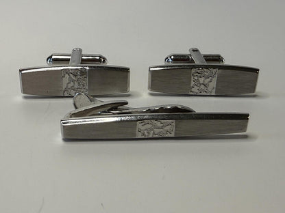 Vintage Hickok USA Cufflinks & Tie Bar Set Silver Tone Brushed Finish MCM