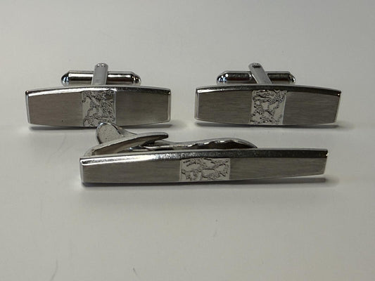 Vintage Hickok USA Cufflinks & Tie Bar Set Silver Tone Brushed Finish MCM