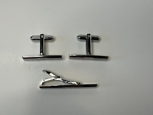 Vintage Hickok USA Cufflinks & Tie Bar Set Silver Tone Brushed Finish MCM