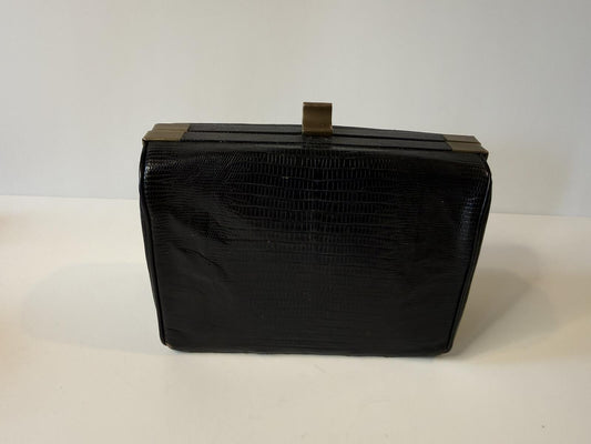 Vintage Black Textured Clutch Purse Gold Tone Frame Evening Handbag Retro MCM