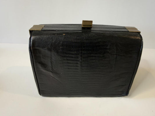 Vintage Black Textured Clutch Purse Gold Tone Frame Evening Handbag Retro MCM