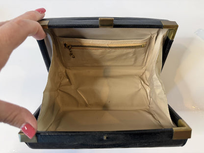 Vintage Black Textured Clutch Purse Gold Tone Frame Evening Handbag Retro MCM