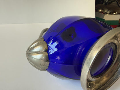 Vintage Italian Cobalt Blue Glass Duck Decanter Silver Plated 9.5”