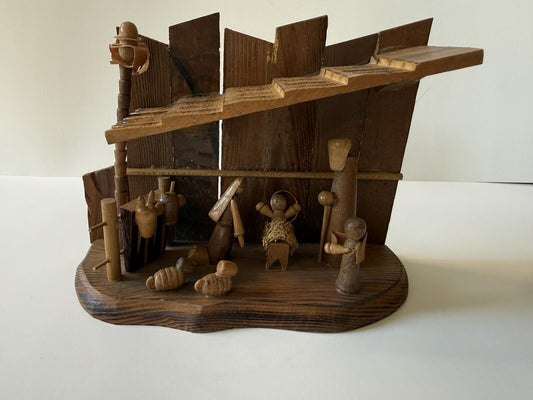 Vintage 1978 Handmade Folk Art Wooden Nativity Scene Christmas Creche Manger