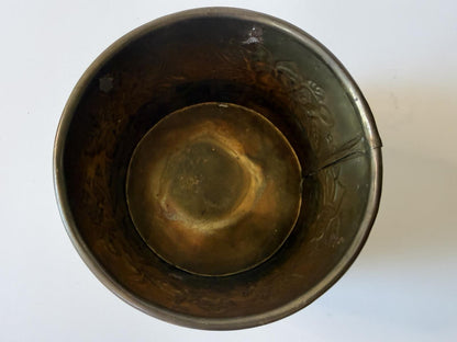 Vintage Embossed Brass Cachepot Planter Made in India Floral Repousse Vase Pot