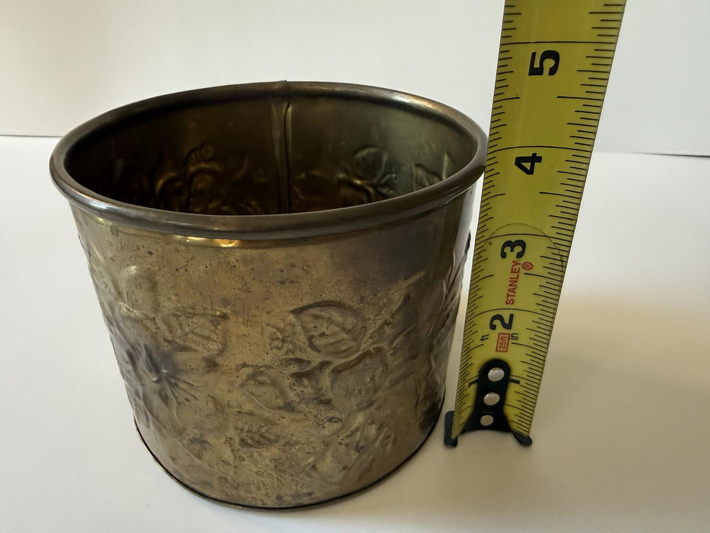 Vintage Embossed Brass Cachepot Planter Made in India Floral Repousse Vase Pot