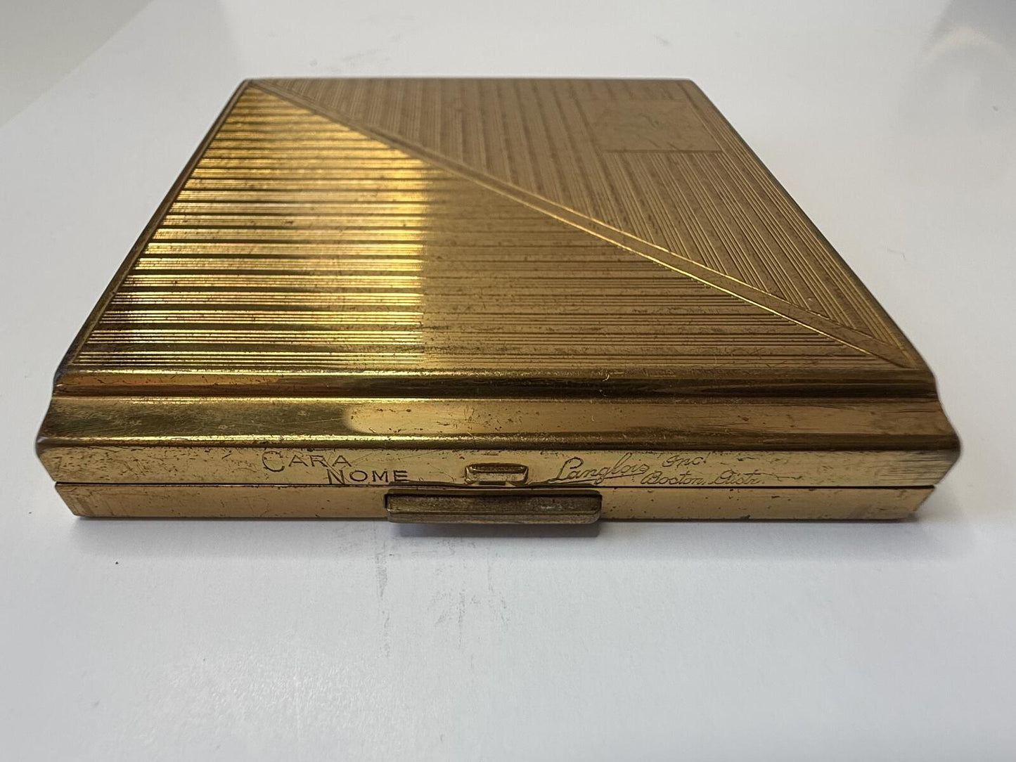 Vintage Langlois Boston Dist Cara Nome Compact Powder Makeup Case Gold Tone