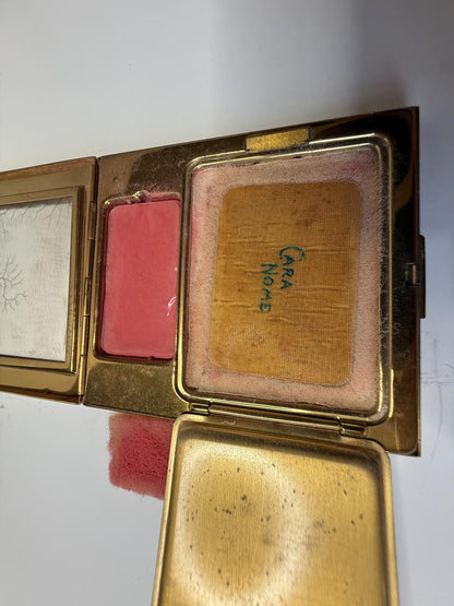Vintage Langlois Boston Dist Cara Nome Compact Powder Makeup Case Gold Tone