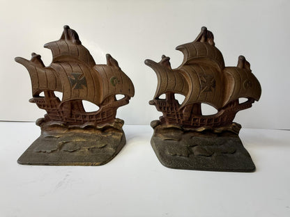 Vintage Cast Iron Sailing Ship Bookends Pair Bronze Tone Spanish Galleon