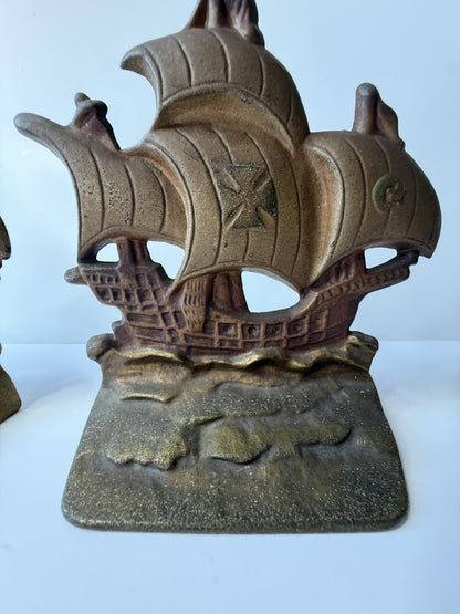 Vintage Cast Iron Sailing Ship Bookends Pair Bronze Tone Spanish Galleon