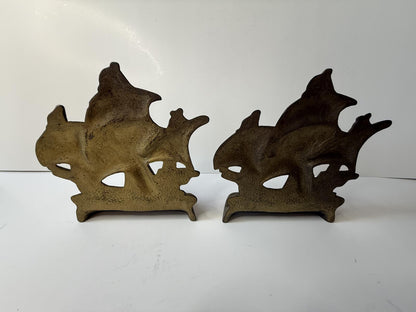 Vintage Cast Iron Sailing Ship Bookends Pair Bronze Tone Spanish Galleon