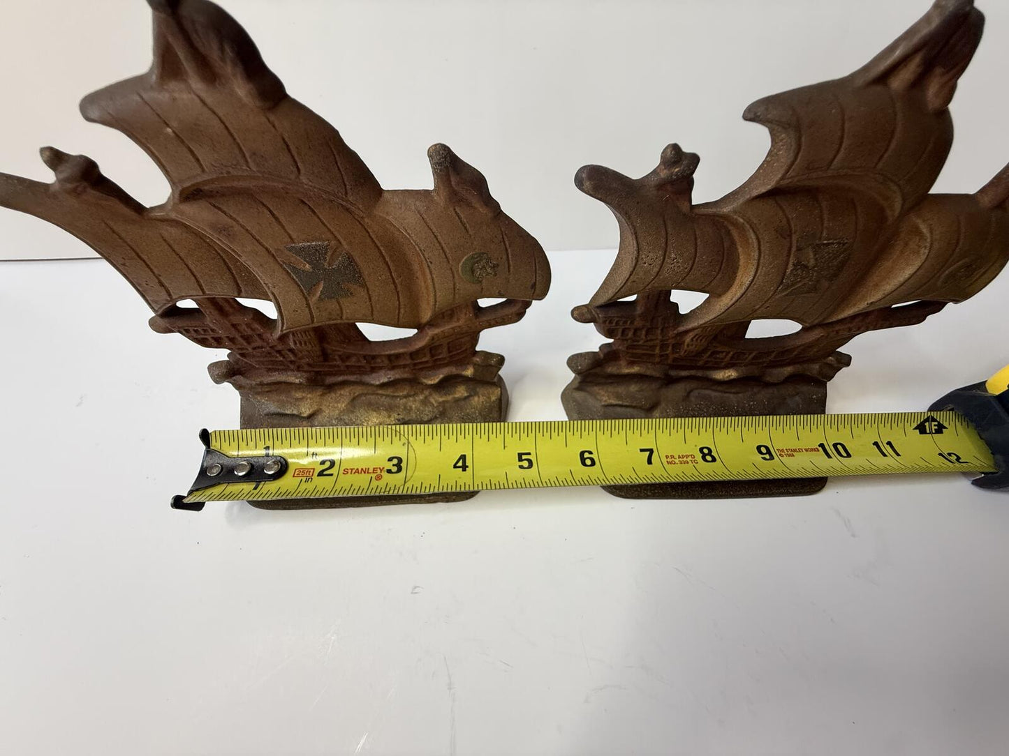 Vintage Cast Iron Sailing Ship Bookends Pair Bronze Tone Spanish Galleon
