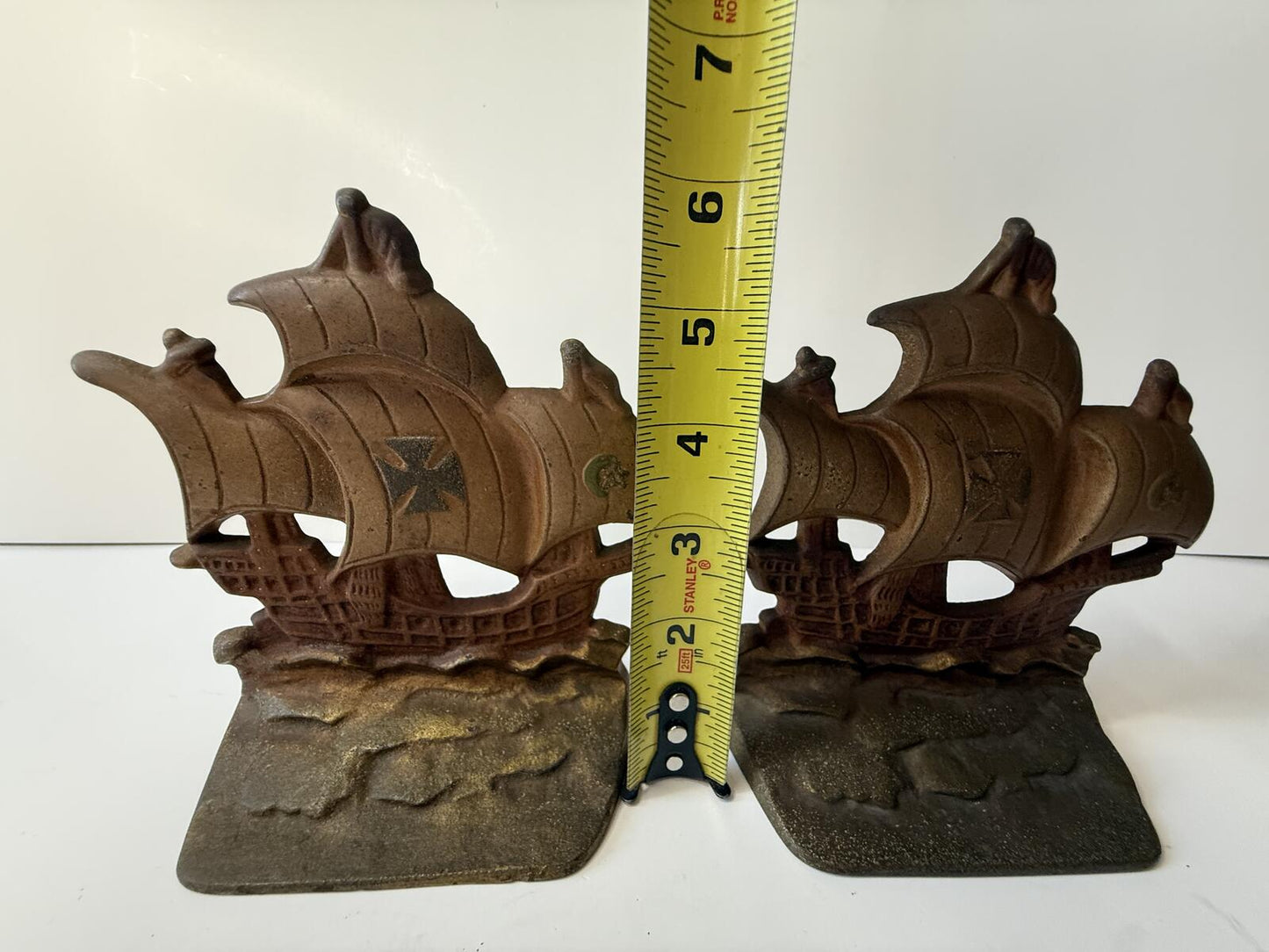 Vintage Cast Iron Sailing Ship Bookends Pair Bronze Tone Spanish Galleon