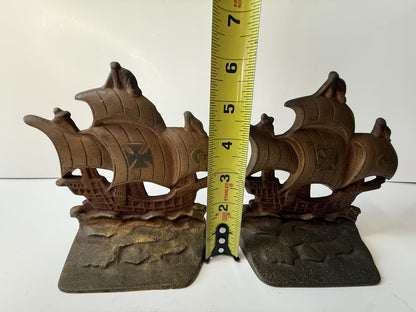 Vintage Cast Iron Sailing Ship Bookends Pair Bronze Tone Spanish Galleon