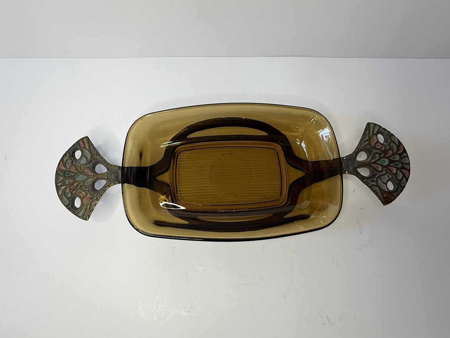 Vintage Terra Santa Guild Israel Dish with Arcopal France Amber Glass Dish