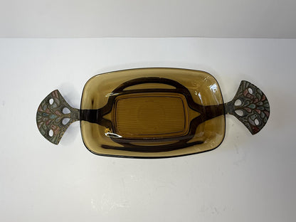 Vintage Terra Santa Guild Israel Dish with Arcopal France Amber Glass Dish
