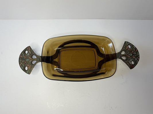 Vintage Terra Santa Guild Israel Dish with Arcopal France Amber Glass Dish