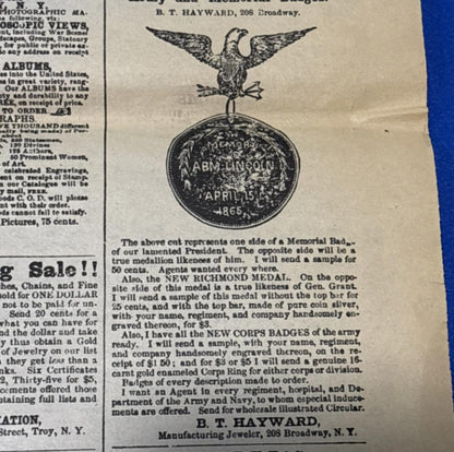 1865 HARPER’S WEEKLY NEWSPAPER ~ LINCOLN ASSASSINATION ~ JOHN WILKES BOOTH