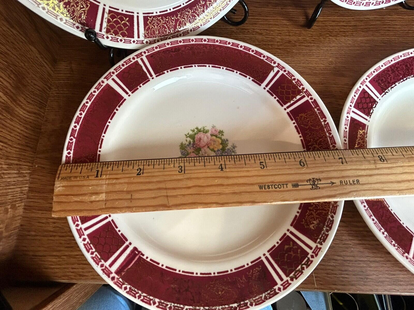 8 Homer Laughlin Piccadilly 7.5” Plates red rim gold floral center 1940s