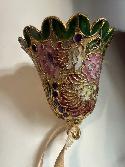 Vintage Mini Bell Ornaments Cloisonné Style Gold Enamel Floral Set of 4