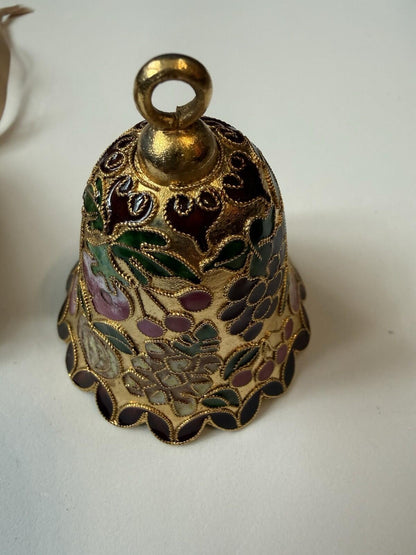 Vintage Mini Bell Ornaments Cloisonné Style Gold Enamel Floral Set of 4