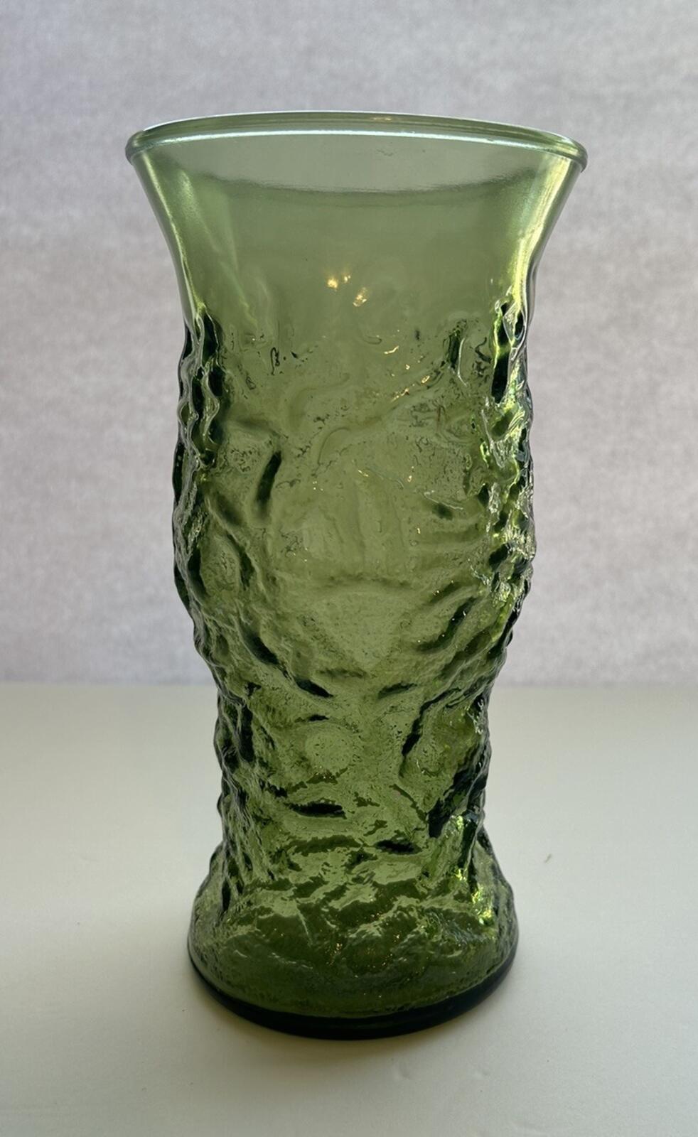 Vintage 1970 Glass Crinkle Vase E.O. Brody Emerald