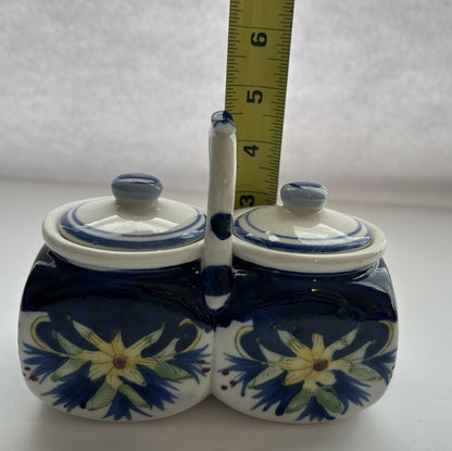 Ceramic Double Condiment Jar With Blue And Yellow Flowers