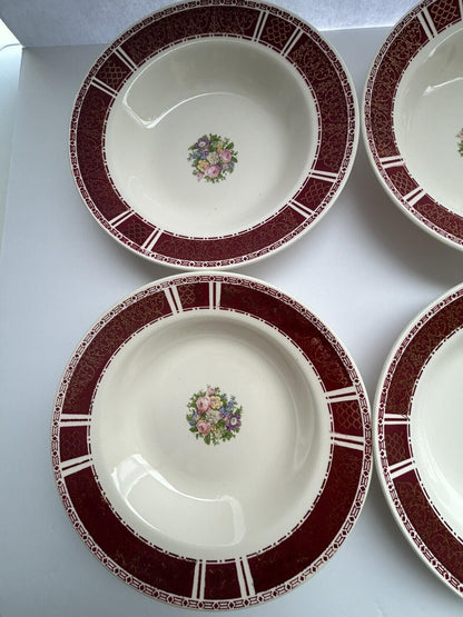6 Homer Laughlin Piccadilly Rim Soup Bowls P531 Red Rim Gold Floral Center 1942