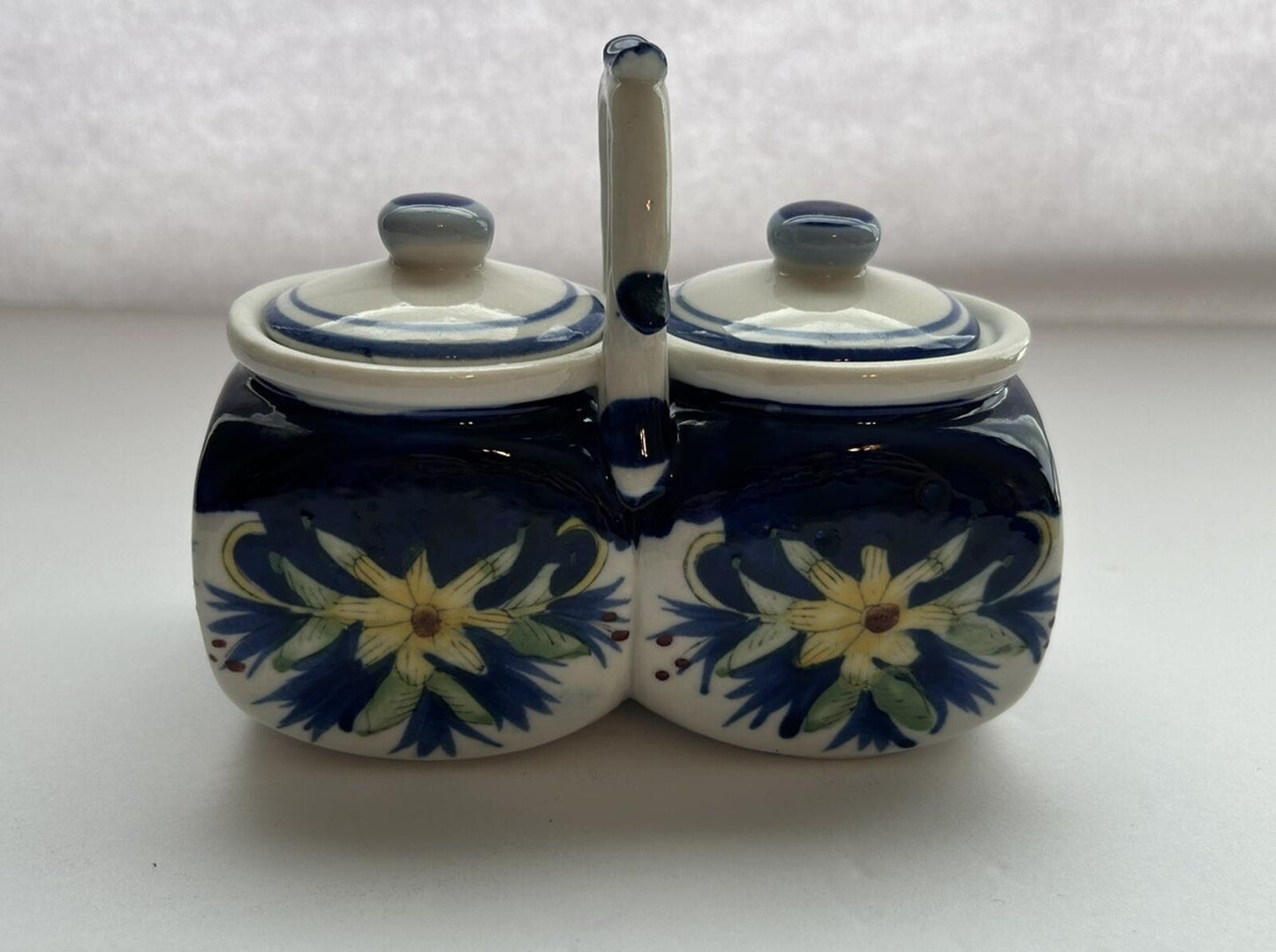 Ceramic Double Condiment Jar With Blue And Yellow Flowers