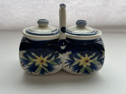 Ceramic Double Condiment Jar With Blue And Yellow Flowers