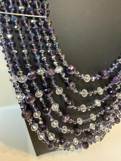 Signed NAKAMOL Thailand Amethyst Crystal Multi Strand Statement Necklace Boho